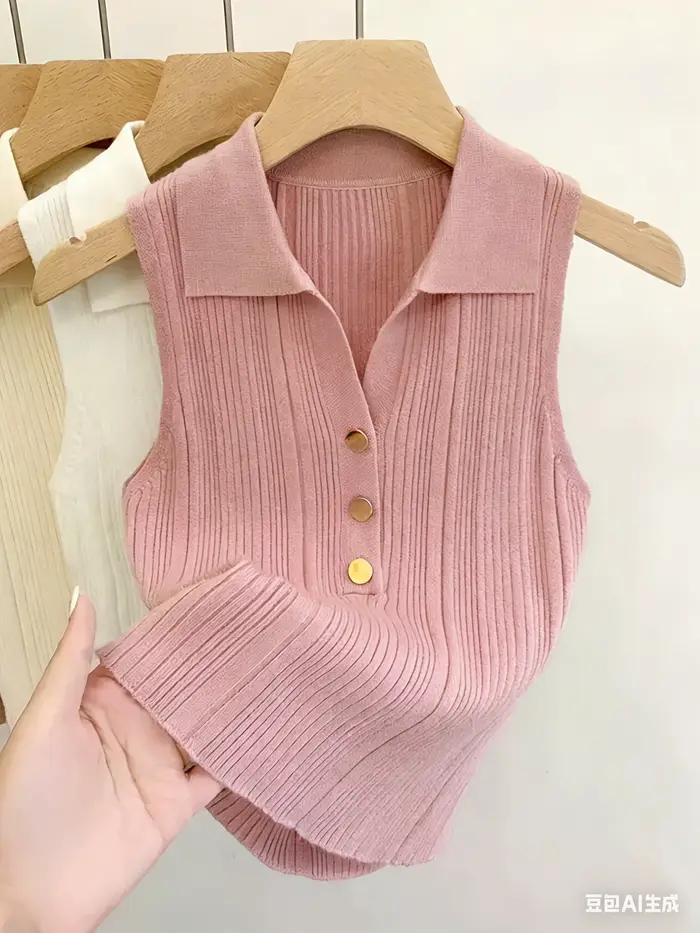 Débardeur court en maille côtelée extensible pour femme, col polo, boutonné sur le devant, style tennis, pour adolescentes, été