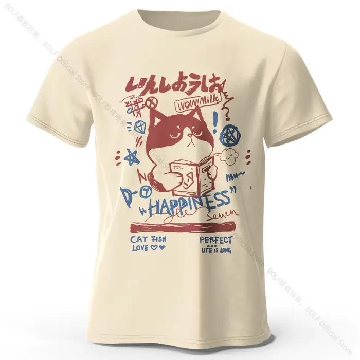 Kawaii Cat Doodle Harajuku imprimé 100% coton T-Shirt, doux et respirant col rond manches courtes T-