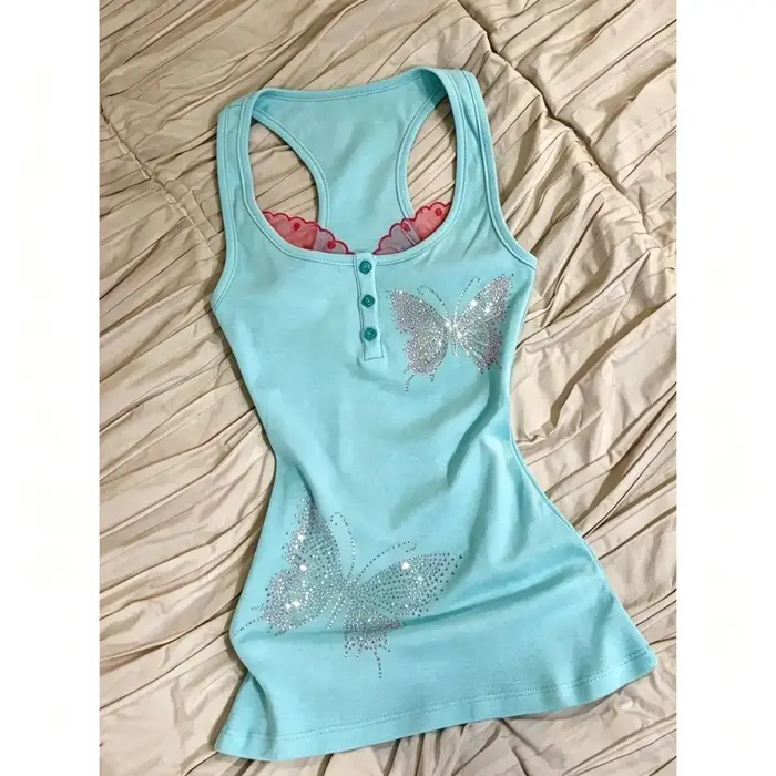 Débardeur Cami Rétro Y2K Vert Menthe avec Strass Papillon Style Vintage Américain
