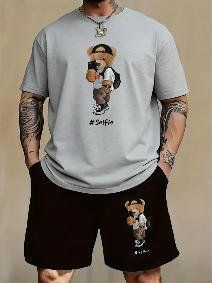 Ensemble deux pièces noir pour homme Selfie Teddy Bear : T-shirt à manches courtes et short