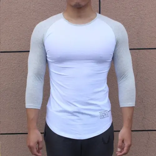 T-shirt à manches longues pour hommes, chemise patchwork trois quarts, t-shirt de musculation en cot
