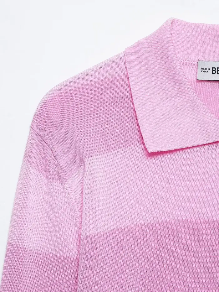 Polo d'été pour femme avec col en tricot rayé rose