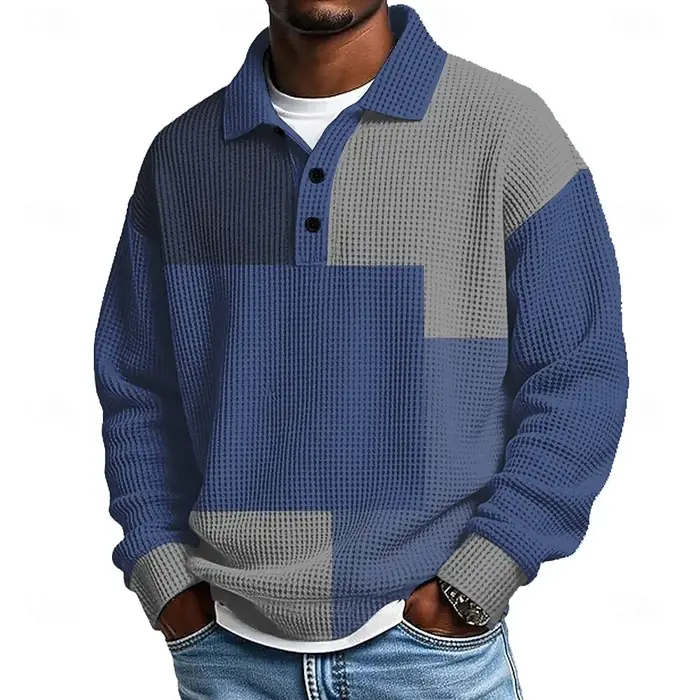 Polo rétro à manches longues pour homme – Haut à col rabattu color block pour les sorties décontractées