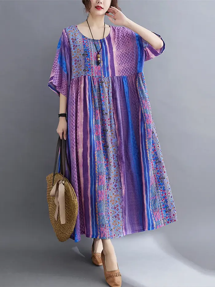 Manches courtes coton lin Vintage violet robes florales pour les femmes décontracté ample longue robe d'été élégant mode