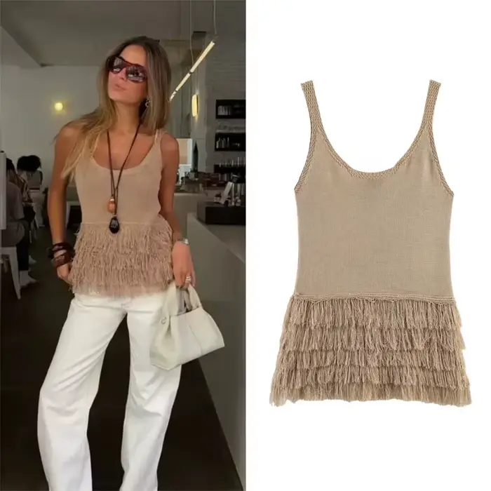 Haut pour femme Été 2026 Nouveauté Camel Sans Manches à Paillettes Style Vacances Sexy Tendance Unique High Street
