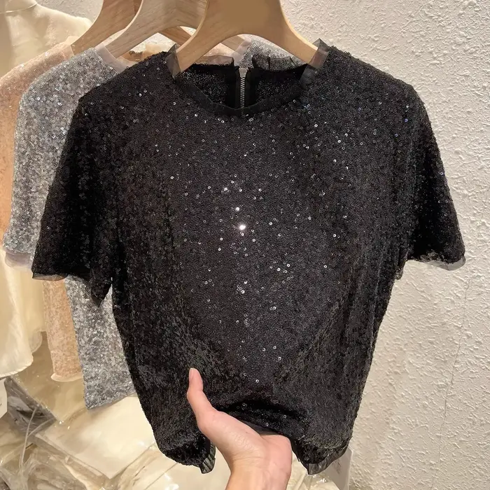 Gris noir maille à manches courtes paillettes T-shirt pour femmes été graphique t-shirts Ropa De Muj