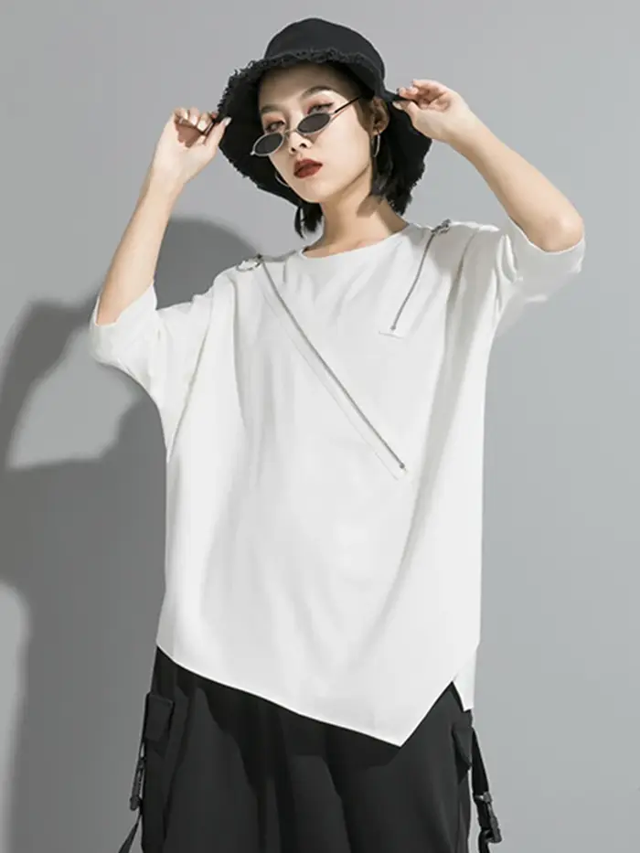 EAM femmes noir asymétrique Sittch grande taille T-shirt nouveau col rond à manches longues mode marée printemps automne 2026 1S185