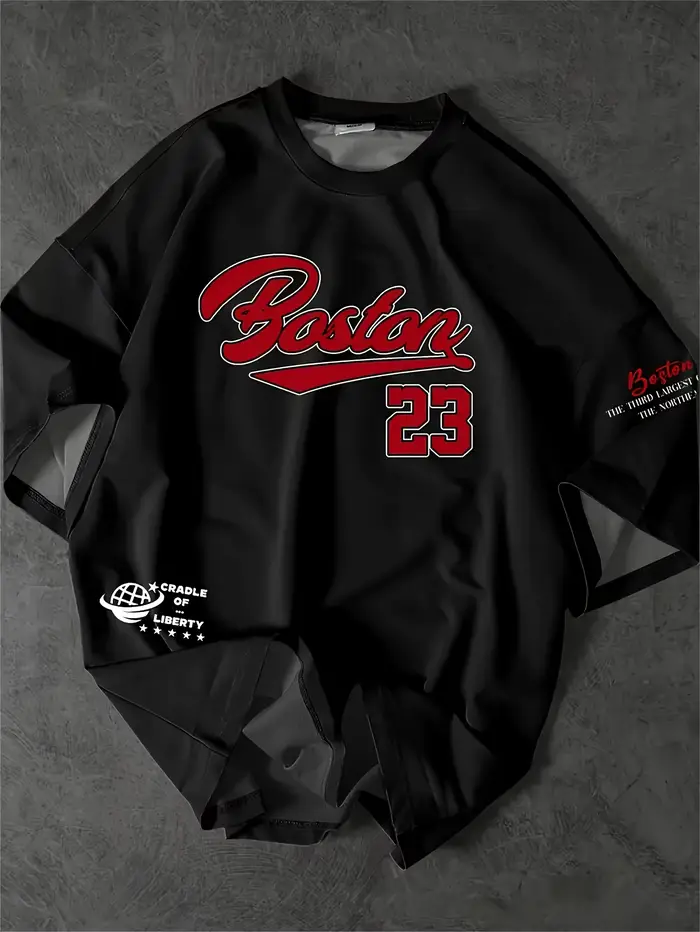 Boston 23 T-shirt graphique décontracté homme noir manches courtes col rond coupe confortable vêteme