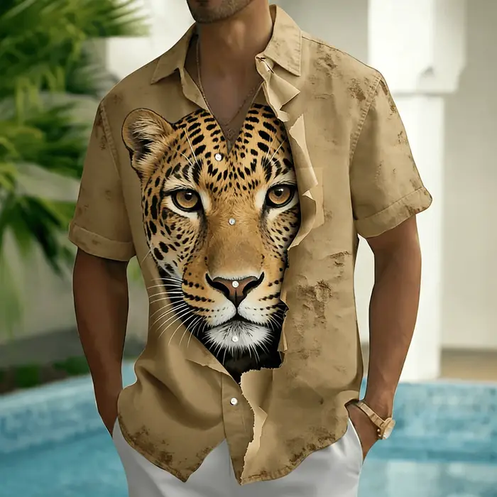 Chemise à manches courtes pour homme avec imprimé tête de léopard 3D, effet papier déchiré, design a