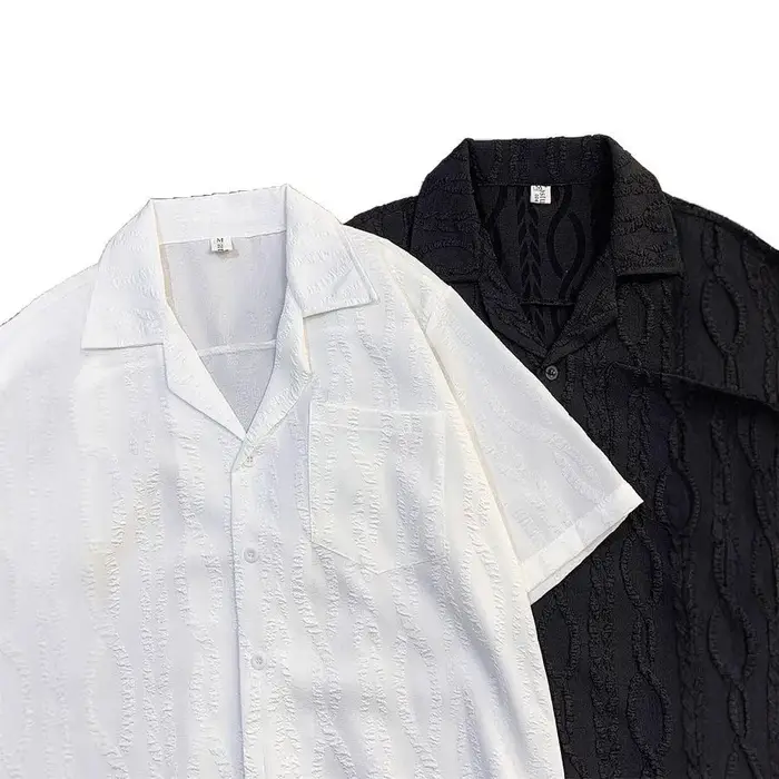 Chemise de plage ample à col cubain texturé à manches courtes pour homme – Tissu mélangé décontracté d'été à haute résistance des couleurs – Mode jeune