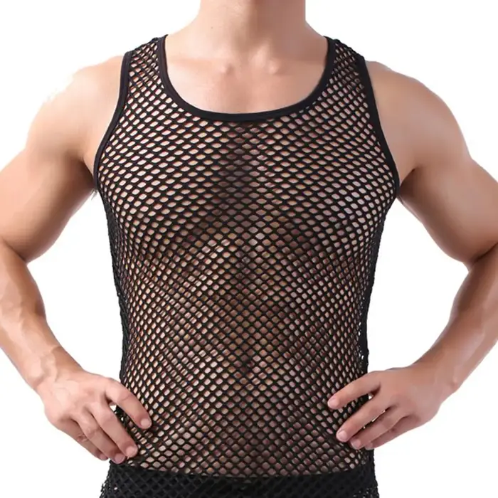 Gilets sans manches pour hommes, maillot de corps en maille transparente, vêtements de nuit en filet