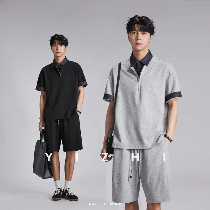 Ensemble Polo Homme Tendance à Col Contrastant et Demi-Zip Effet Deux Pièces