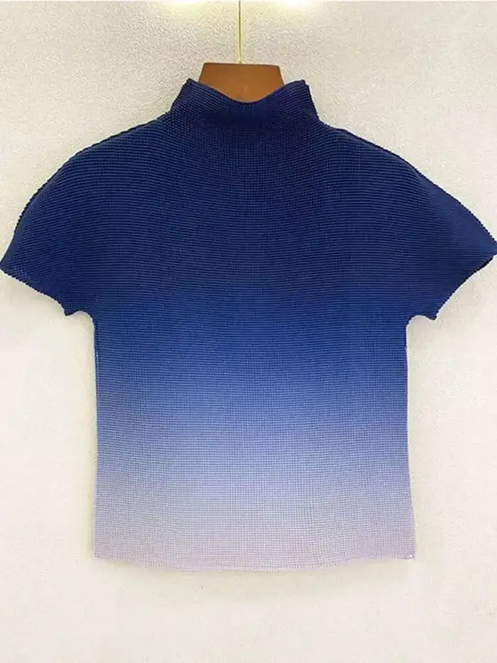 DEAT T-shirts plissés dégradés à col montant et manches courtes pour femme, style décontracté, nouvelle mode été 2026 15HT177