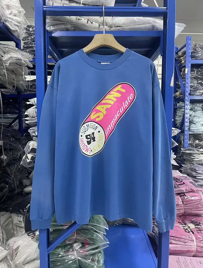 Pill Logo imprimé SAINT T-shirt à manches longues hommes femme bleu endommagé col rond décontracté Vintage ample coton printemps automne Streetwear