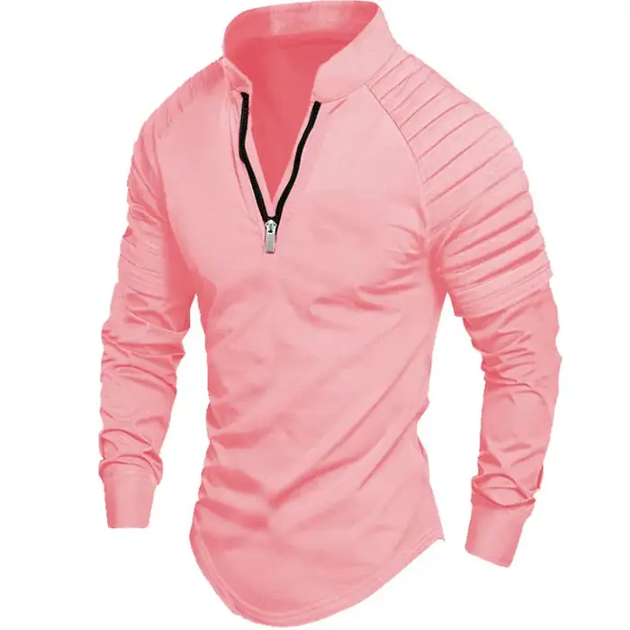 2025 printemps automne hommes Polo mode bras plissé conception à manches longues col montant fermeture éclair haut