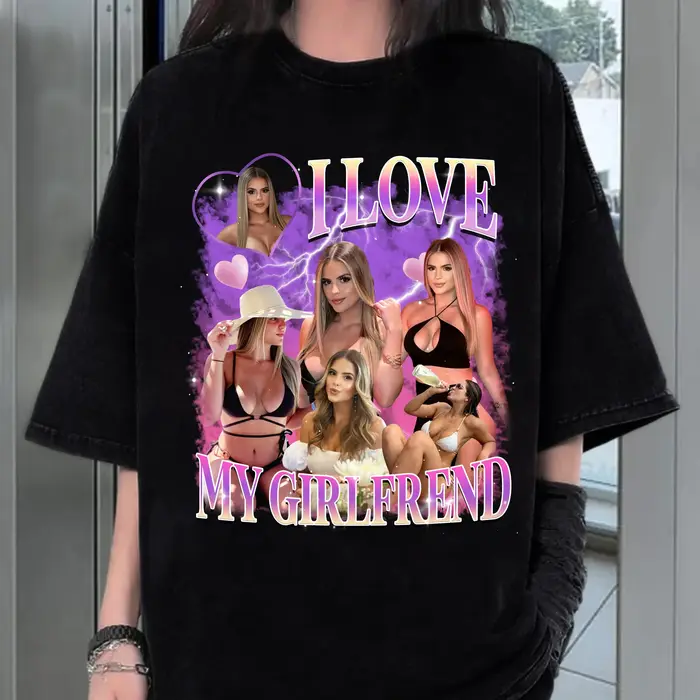 J'aime ma petite amie t-shirt personnalisé, chemise de petite amie bootleg avec photo personnalisée, chemise avec face pour cadeau d'anniversaire pour petit ami