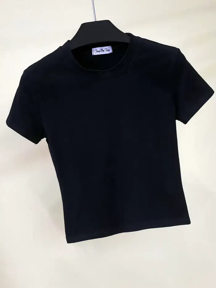 Vert haut court T-Shirt Femme solide coton col rond manches courtes T-shirts pour femmes taille haut