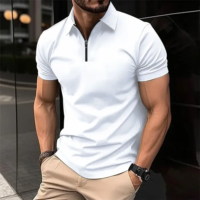 Polo élégant à col demi-zip pour hommes, haut noir slim fit à manches courtes, business décontracté 