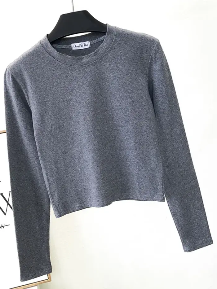 Vêtements en coton noir sexy pour femmes, col rond, manches longues, nombril, base d'automne, mode d