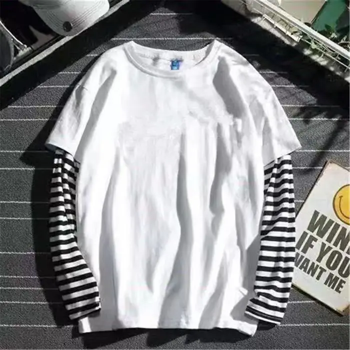 T-shirt rayé patchwork cool pour homme, hauts oversize d'automne, t-shirt uni à manches longues pour