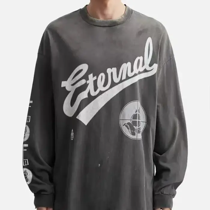Nouveau Streetwear SAINT à manches longues t-shirt hommes femme lavé faire vieux endommagé mode col rond haut