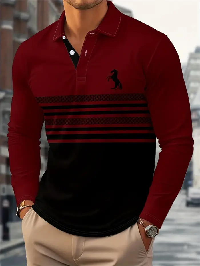 Chemises polo simples à rayures pour hommes, imprimées en 3D, décontractées, à manches longues, pour