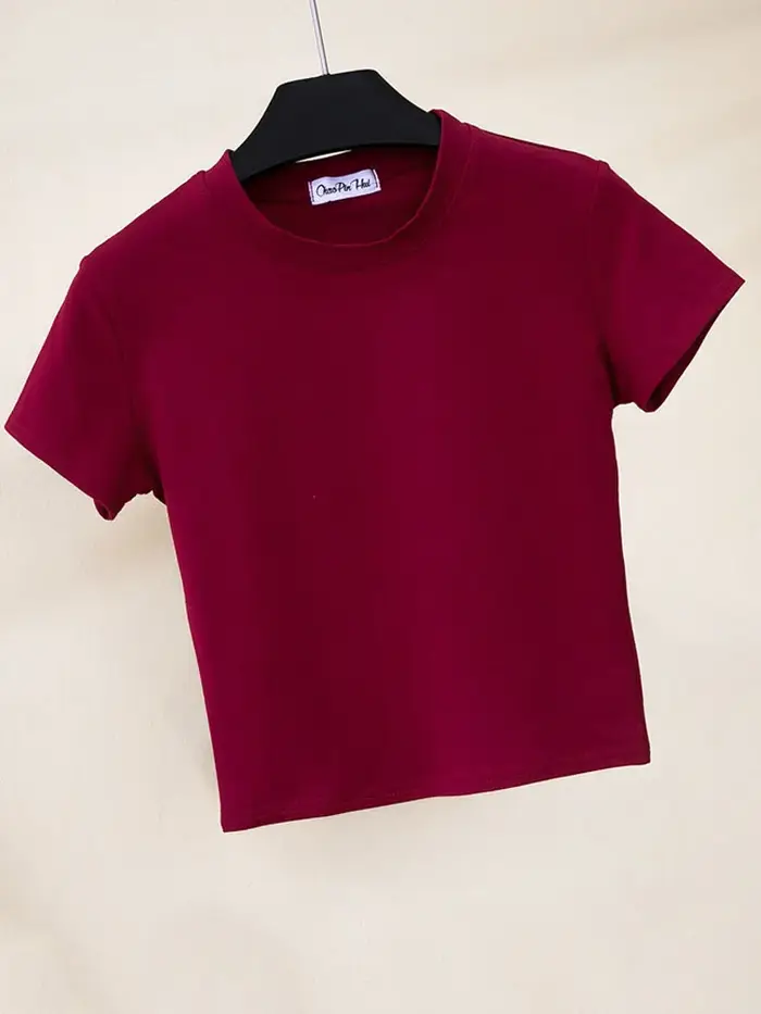 Vert haut court T-Shirt Femme solide coton col rond manches courtes T-shirts pour femmes taille haute mince