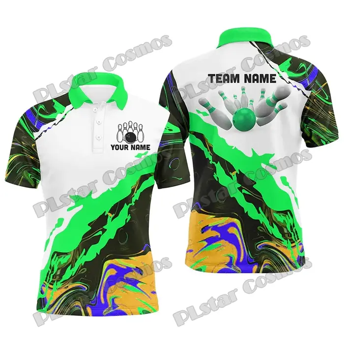 Camo Bowling Ball And Pins Option multicolore Nom personnalisé 3D Imprimé Polo pour hommes Été Unisexe