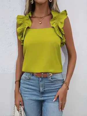 Débardeur à volants vert citron pour femme, col carré, sans manches, ourlet incurvé, tenue décontractée d'été