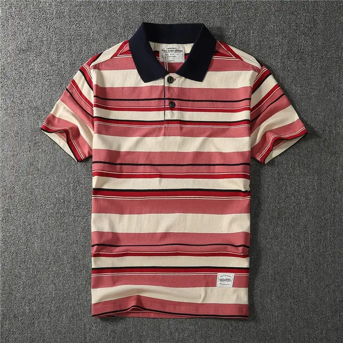 Coton épais May kaki vintage couleur contraste revers rayé polo à manches courtes T-shirt hommes mode
