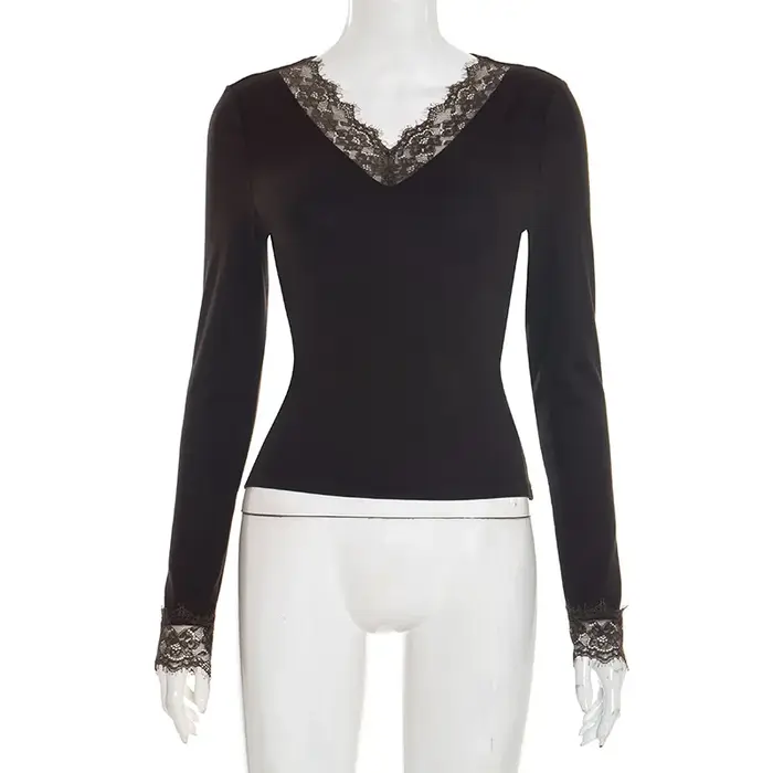 Tornova col en V dentelle t petit haut femmes Sexy nombril exposé pull mode épissure fille chaude Cl