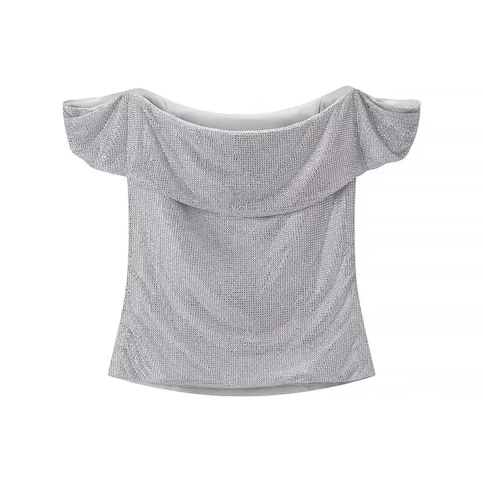 HH femmes nouvelle mode sans manches hauts courts argent dos nu diamant décoration femme été Sexy mince une pièce col haut