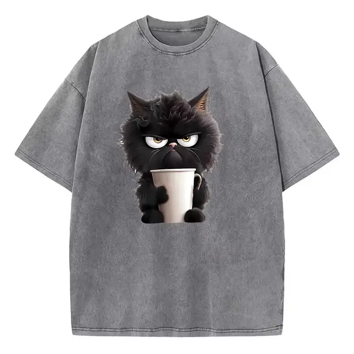 T-Shirt Vintage café chat lavé 100% coton T-Shirt graphique T-Shirt décontracté Streetwear printemps été