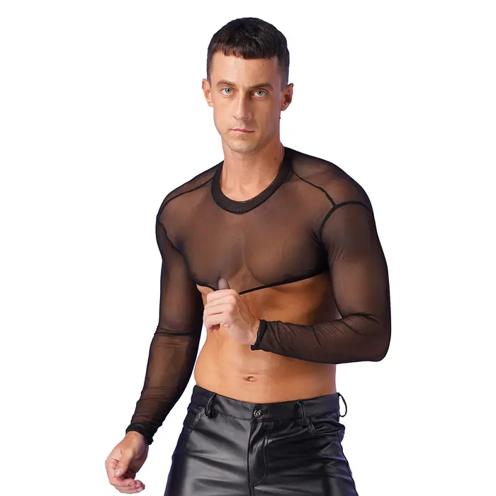 Hommes transparent maille transparente demi débardeurs chemises à manches longues corps poitrine harnais haut court