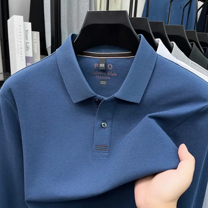 Polo à manches longues 100 % coton pour homme, col boutonné, style décontracté et ajusté, couleur un