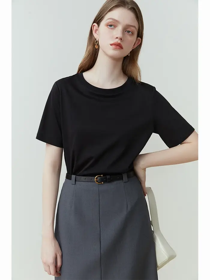 FSLE 100% coton T-Shirt à manches courtes femmes printemps été nouveau col rond droit blanc noir haut