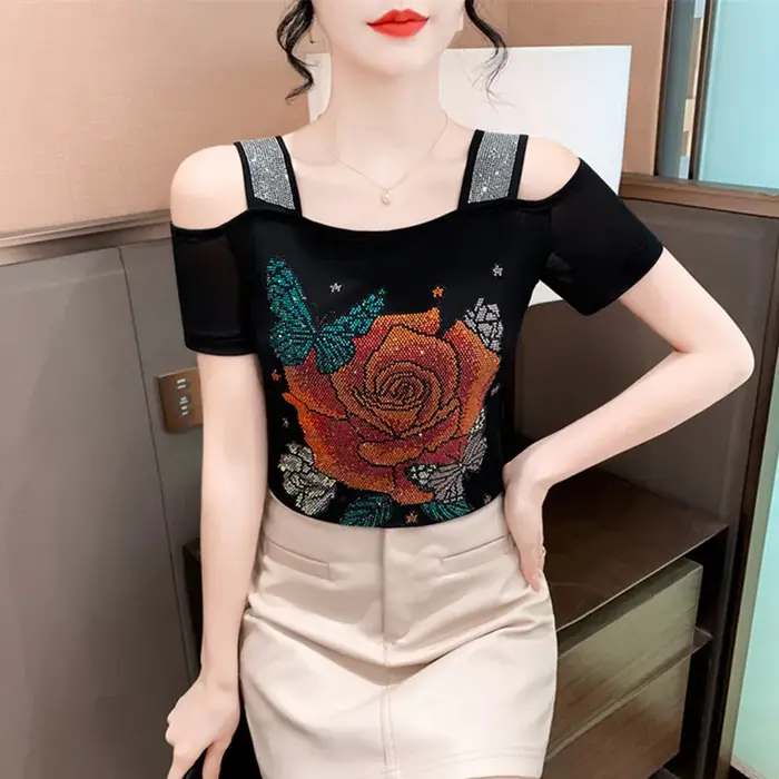 Nouveau Design européen de fleur de Rose vêtements pour femmes T-Shirt Chic épaules nues diamants chauds hauts élégant Streetwear filles t-shirts chemises