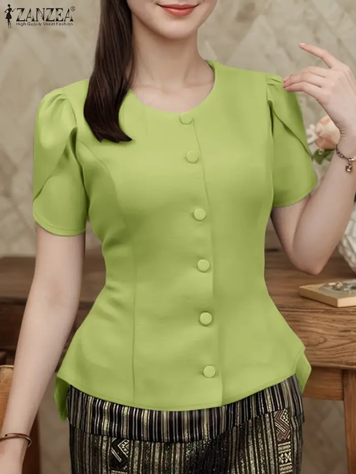 ZANZEA femmes mode asymétrique ourlet Chemises 2025 été col rond boutonné taille ajustée Chemises Fe