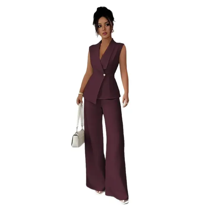 Ensemble élégant 2 pièces pour femme : Gilet blazer sans manches à col en V et pantalon large – Tenue de bureau professionnelle