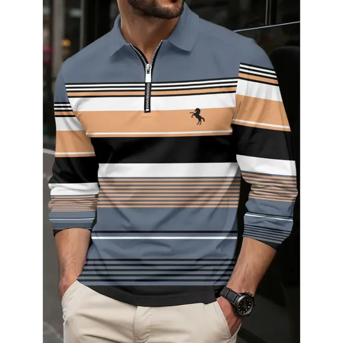 Polo à manches longues pour hommes avec col à fermeture éclair rayé