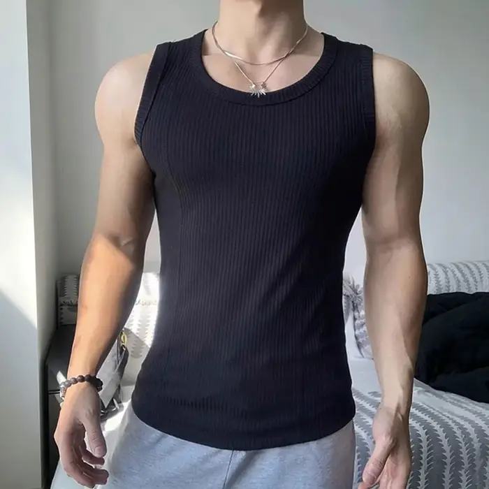 Débardeur côtelé ajusté pour homme, sans manches, élastique, pour entraînement, gilet de sport slim 