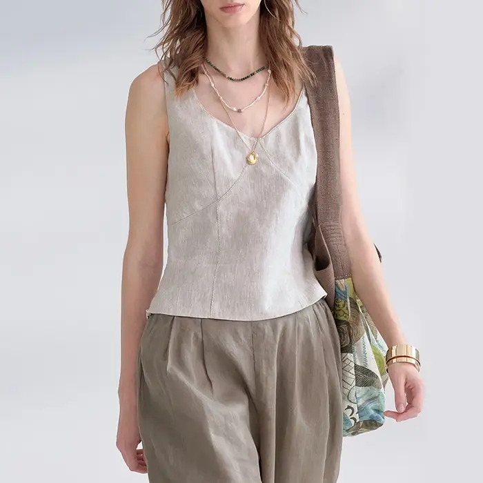 Nouveau débardeur élégant pour femme 100% lin à col en V et bordure en dentelle