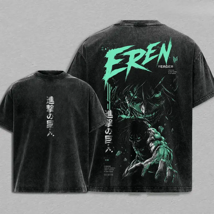 T-shirt Manga L'Attaque des Titans Eren Jager, T-shirt vintage délavé surdimensionné, vêtements pour