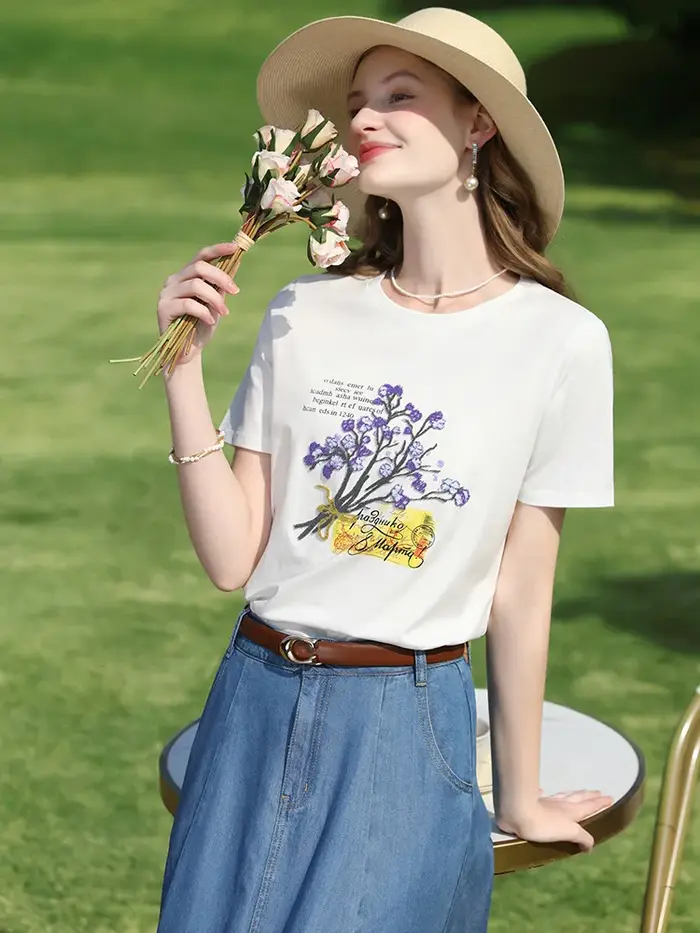 Je crois que vous perles brodé T-shirt femme 2025 été lettre impression haut décontracté à manches courtes Cool coton t-shirts 2251015989