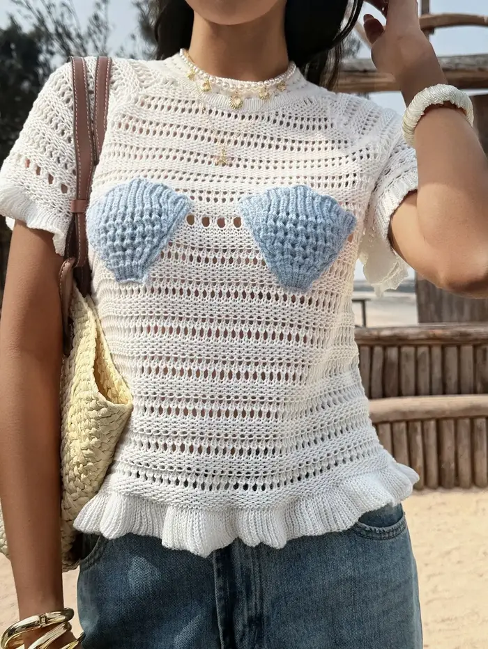T-shirt style plage été 2026 pour femme, haut ample en crochet ajouré avec patchwork coquillage, man
