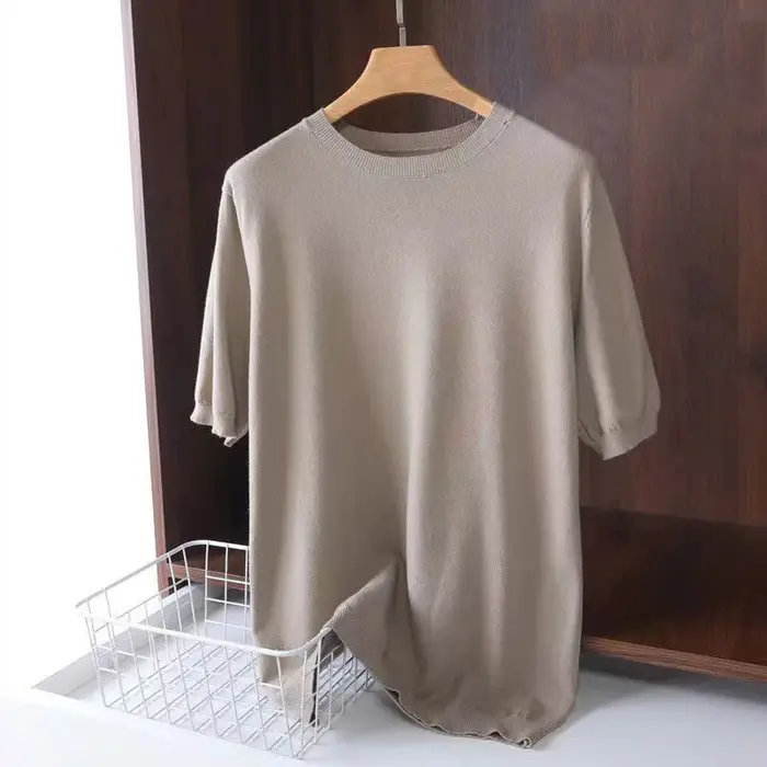 T-shirt en laine mérinos super fine pour hommes, tricoté, col rond, manches courtes, respirant, en c