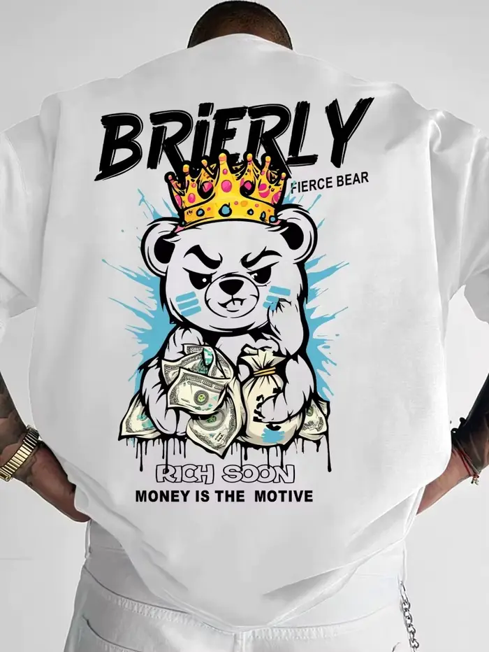T-shirt Homme Tendance d'Été à Col Rond, Imprimé 3D Lettres 'Teddy Bear Wealth', Confortable et Resp