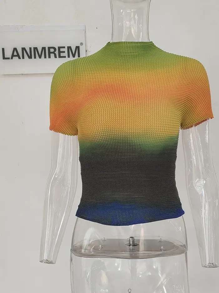 LANMREM 2025 été nouveau T-shirt tout-match pour Famale haute qualité Style mince tissu élastique à manches courtes hauts femmes décontracté YJ780
