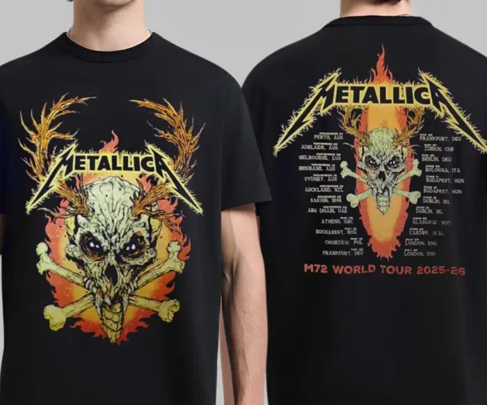 T-shirt Metallica M72 World Tour 2025 2026 Flame Skull Dates 100% Coton Graphique Homme Femme Street