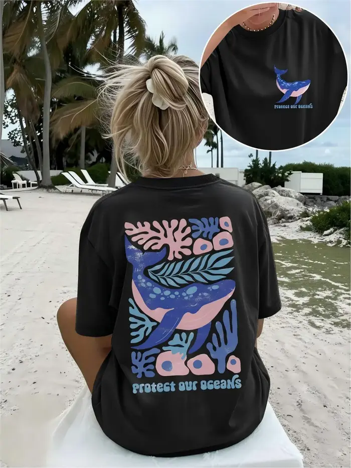 T-shirt esthétique à motif de baleine bleue, imprimé corail, style rétro Harajuku, streetwear, manch